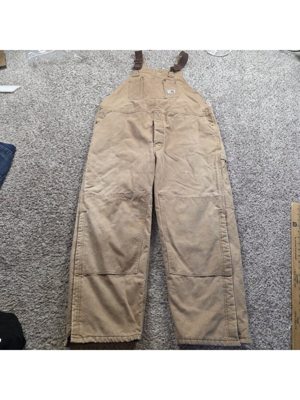 VTG Carhartt Bib Overalls Mens 46x28.5 Tag 46x30 Duck Insulated Double Knee